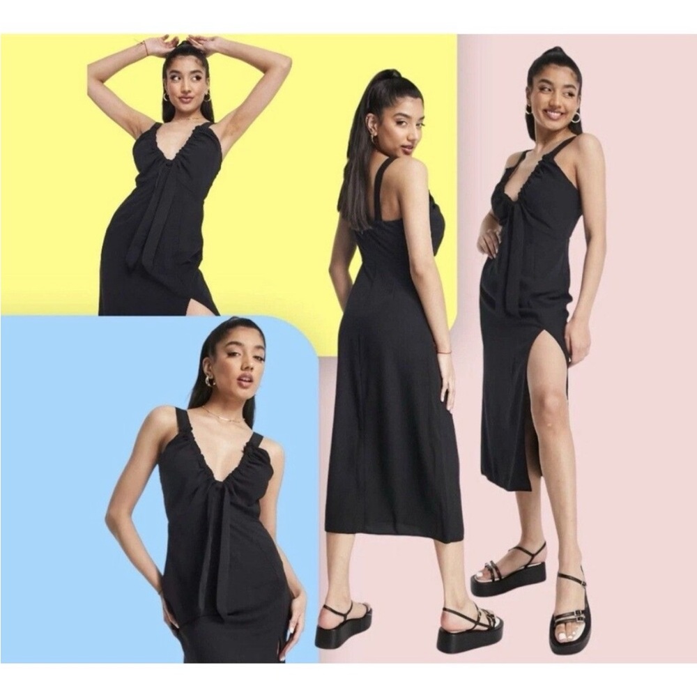 Abercrombie & Fitch - Black Cinched neck Midi Dress, Front Tie Detail & slit - S
